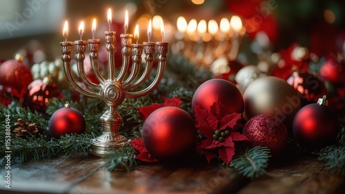 Celebration of lights menorah and christmas decor on a festive table in a cozy living room environment photo