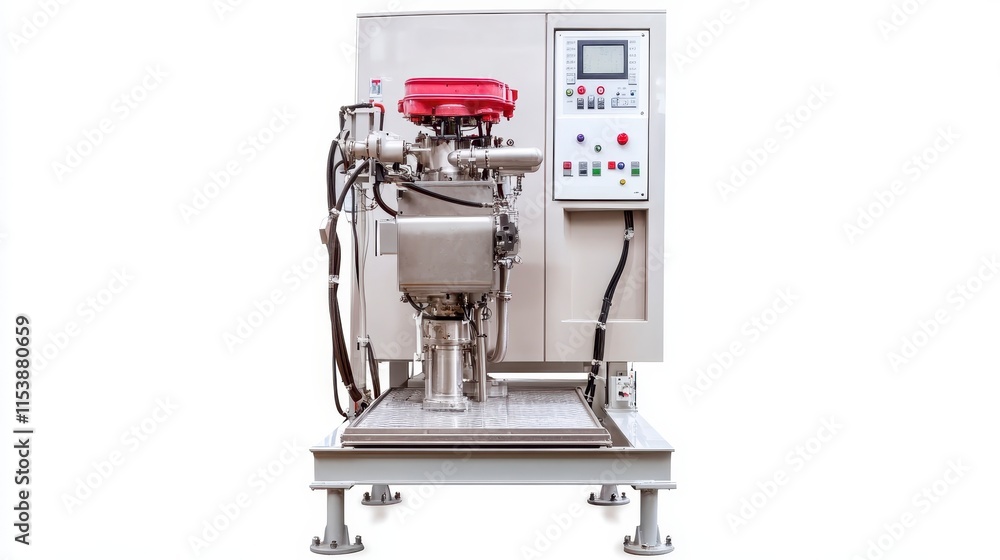 A modern industrial mixer with a control panel and a red motor, designed for efficient blending and processing in manufacturing environments. A modern industrial mixer with a control panel and a red motor, designed for efficient blending and processing in manufacturing environments.