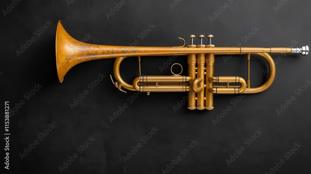 Obraz premium Vintage Brass Trumpet Against Dark Background Showcasing Musical Instrument Craftsmanship and Artistic Design in a Studio Setting