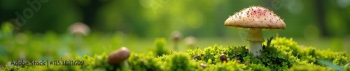 Umgekippter Pilz auf gr?ner Wiese mit Blumen und Bl?ttern, mushrooms, herbstliche Farben, wildwuchs photo