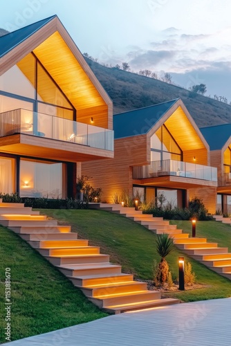 Chalets modernos iluminados al atardecer con un cielo lleno de matices en una hermosa montaña photo