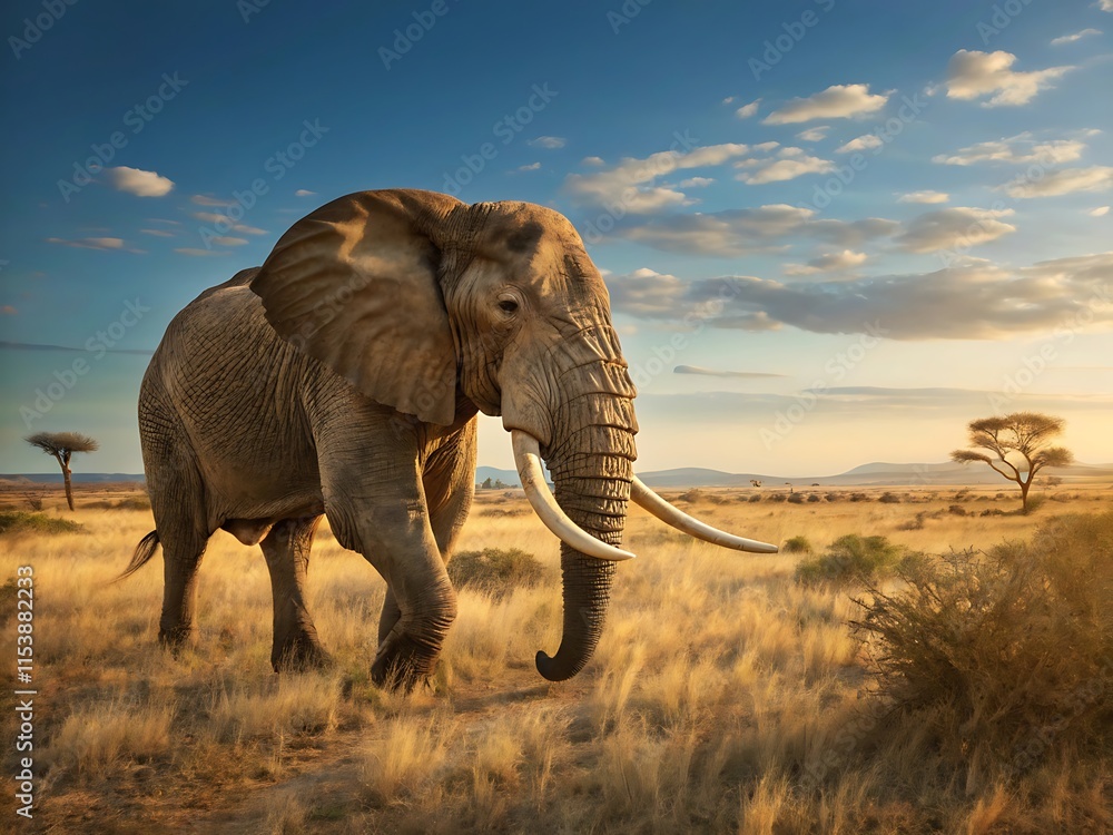 Naklejka premium Majestic Elephant Walking in African Savannah During Stunning Sunset Hour