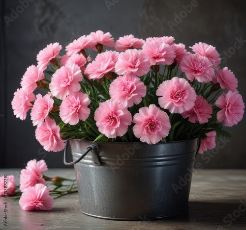 Pink carnation flowers in an old metal zinc pail filled with water , water pick up flowers, garden accessories photo