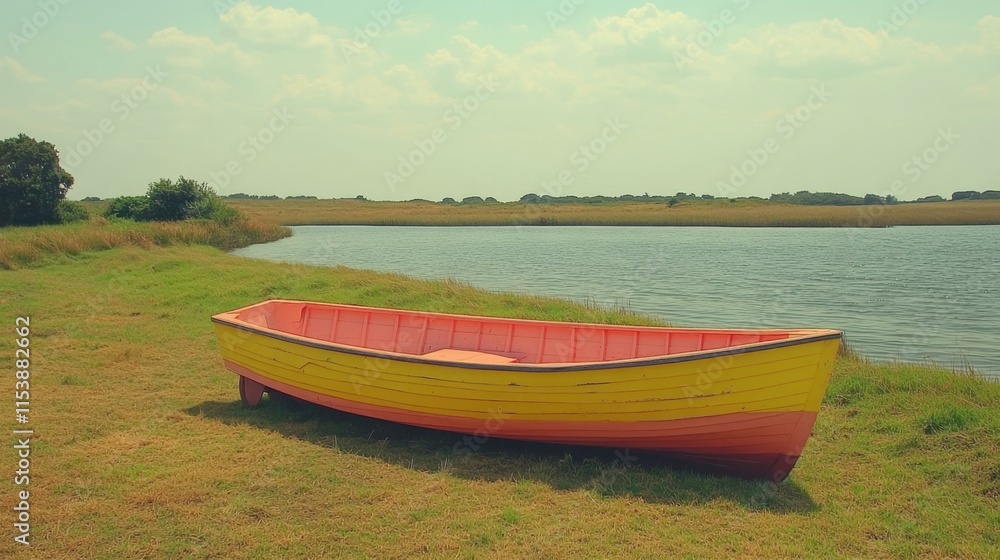 Naklejka premium Yellow red wooden boat resting on grassy shore by calm river with clear sky, perfect for nature, travel, summer vacation, adventure, outdoor, landscape, countryside, water, relaxation, exploration, s