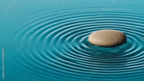 Tranquil Stone Centered in Rippling Water Creating Serene Waves of Calmness in a Blue Green Background Perfect for Meditation and Relaxation Themes