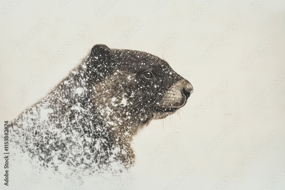 Obraz premium Groundhog covered in snowflakes during snowfall