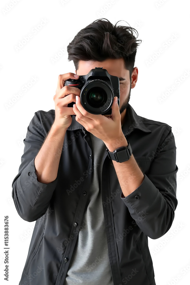 Photographer Holding Professional Camera Looking Through Lens on Transparent Background Photographer Holding Professional Camera Looking Through Lens on Transparent Background