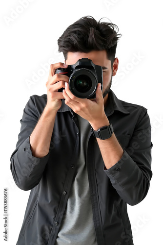 Photographer Holding Professional Camera Looking Through Lens on Transparent Background