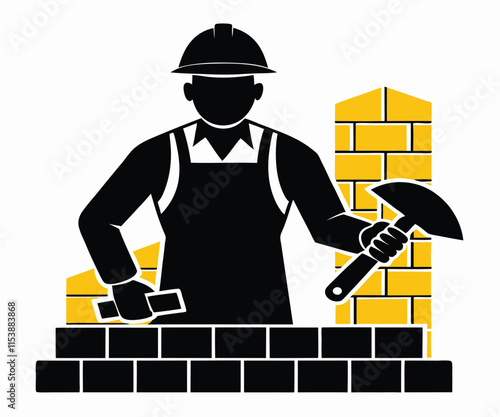 Black Silhouette Bricklayer Construction Worker EPS