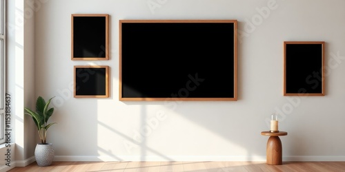 Minimalist interior with three wooden framed blank artworks and a small side table