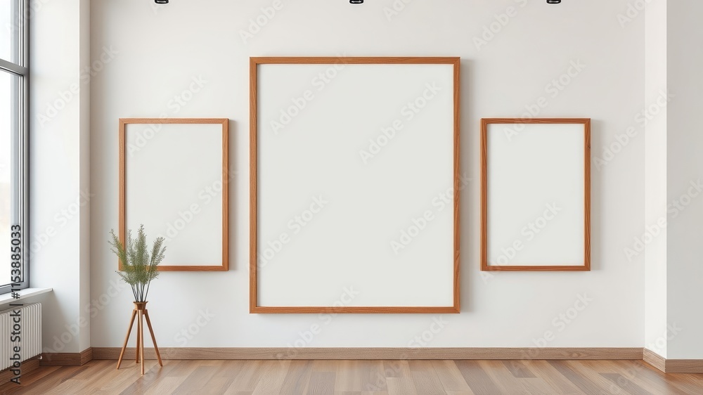 Modern minimalist interior with three empty wooden frames on a white wall Modern minimalist interior with three empty wooden frames on a white wall
