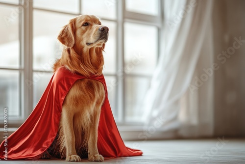 Fun costume fashion for adorable pets. Golden retriever in a red cape posing heroically by a window. photo