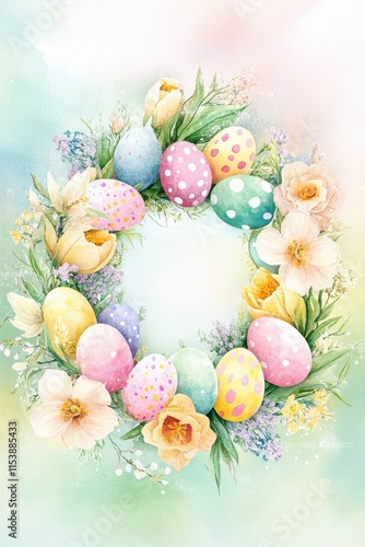 Colorful Easter egg wreath adorned with spring flowers for festive celebration