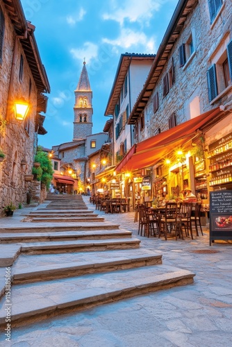 Casas históricas con escaleras de granito iluminadas en un encantador pueblo al atardecer photo