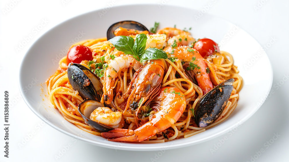 Delicious seafood spaghetti garnished with fresh basil and cherry tomatoes served in a white bowl Delicious seafood spaghetti garnished with fresh basil and cherry tomatoes served in a white bowl