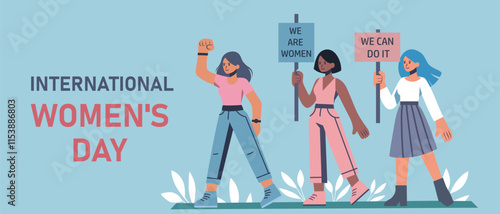 Vector banner for International Women's Day. Women feminist activists of different skin colors go together to protest for equality, empowerment and opportunities. For women's projects, websites