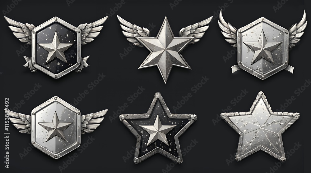 Obraz premium Set of military game rank badges isolated on background. Cartoon illustration of silver metal pentagonal insignia medals with stars, chevrons, wings. Gui progress symbol. Award for achievement