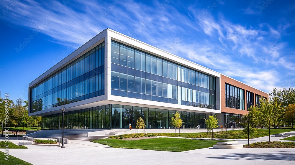 Obraz premium A contemporary university campus showcasing modern architecture and vibrant student life, ideal for educational brochures and website banners.