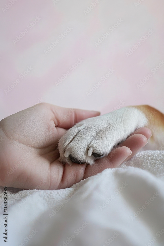 Affectionate Caucasian Hand Holding Dog Paw Expressing Love Trust and Companionship in a Gentle Pastel Setting Affectionate Caucasian Hand Holding Dog Paw Expressing Love Trust and Companionship in a Gentle Pastel Setting
