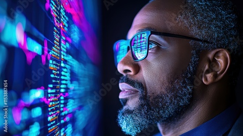 Profile of a Man Analyzing Digital Stock Data on a Neon Display in a Dark Room