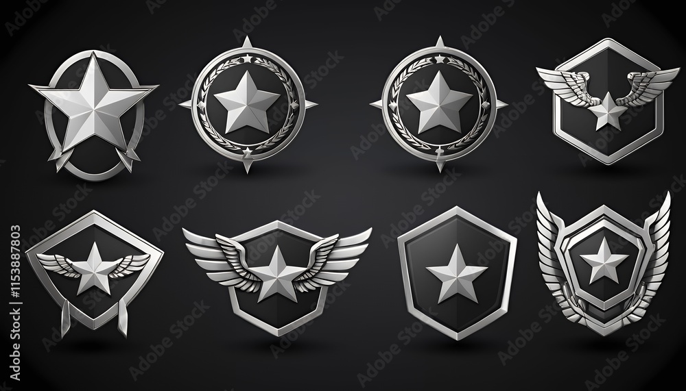 Set of military game rank badges isolated on background. Cartoon illustration of silver metal pentagonal insignia medals with stars, chevrons, wings. Gui progress symbol. Award for achievement Set of military game rank badges isolated on background. Cartoon illustration of silver metal pentagonal insignia medals with stars, chevrons, wings. Gui progress symbol. Award for achievement