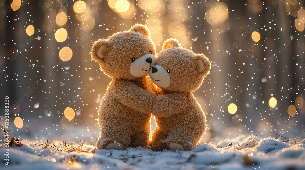 Two adorable teddy bears embrace in a snowy setting, surrounded by soft, glowing lights, evoking warmth and love. Two adorable teddy bears embrace in a snowy setting, surrounded by soft, glowing lights, evoking warmth and love.