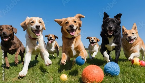 Fototapeta Naklejka Na Ścianę i Meble -  Joyful Dogs Playing Fetch in a Sunny Field