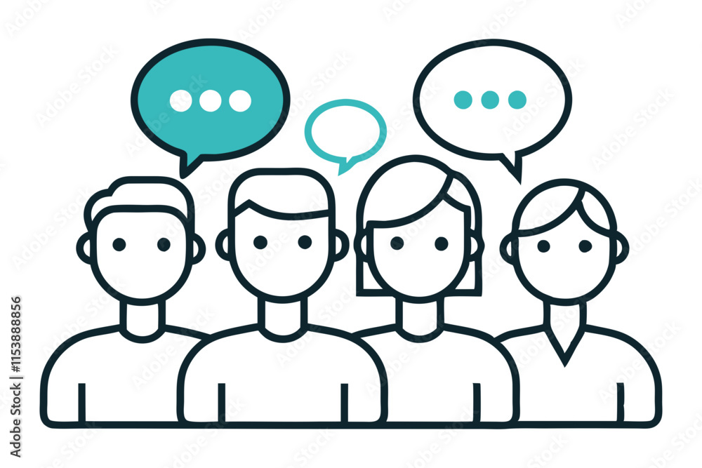 Outlined minimal design of group of diverse faces with speec with intricate and meaningful elements for creative use Outlined minimal design of group of diverse faces with speec with intricate and meaningful elements for creative use