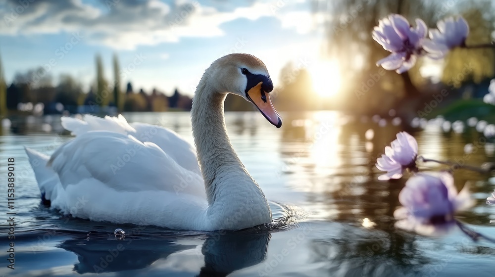 A swan swims smoothly on a serene lake, with sunlight reflecting off the water. Nearby, blooming flowers add color to the peaceful setting during sunset A swan swims smoothly on a serene lake, with sunlight reflecting off the water. Nearby, blooming flowers add color to the peaceful setting during sunset