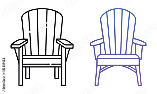 Adirondack Chair Icons in Outline Style, Set of two Adirondack chair illustrations, featuring classic slatted wooden designs in simple outline and gradient styles.
