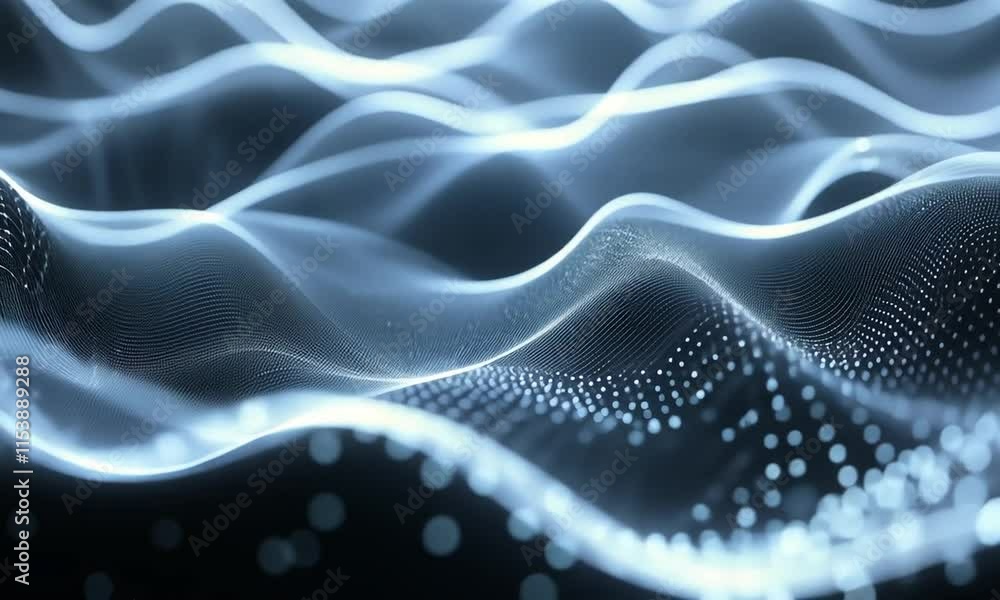 Abstract Representation of Digital Waves and Particles Flowing in 3D Space with Light Reflections and Depth Creating a Modern Technology Background Abstract Representation of Digital Waves and Particles Flowing in 3D Space with Light Reflections and Depth Creating a Modern Technology Background