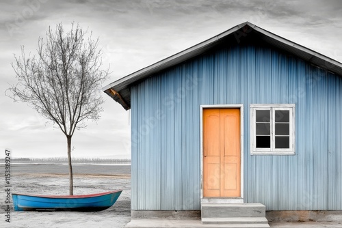 Fachadas de casas de pescadores con colores vivos junto a un bote en un paisaje costero photo