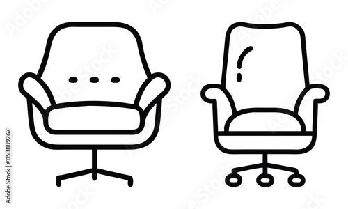 Office Chair Icons with Minimalist Design, Set of two office chair illustrations in outline style, featuring swivel bases, padded seats, and ergonomic designs for comfort.
