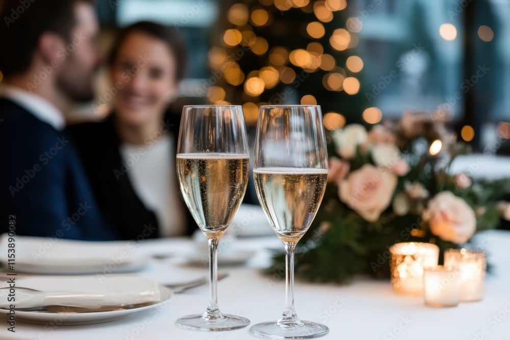 A joyful couple enjoys an intimate moment over glasses of champagne at a cozy, beautifully arranged table with soft lighting and floral decorations. A joyful couple enjoys an intimate moment over glasses of champagne at a cozy, beautifully arranged table with soft lighting and floral decorations.