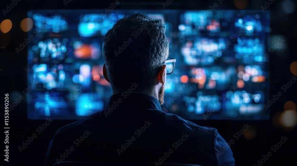 Person Watching Multiple Screens in a Dark Room with Blue Light Effect Person Watching Multiple Screens in a Dark Room with Blue Light Effect