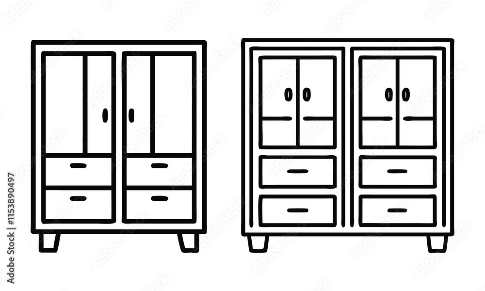 Outline Icons of Wardrobes with Drawers, Vector illustration set showing two outline designs of wardrobes featuring double doors and multiple drawers in minimalist style.
Outline Icons of Wardrobes with Drawers, Vector illustration set showing two outline designs of wardrobes featuring double doors and multiple drawers in minimalist style.