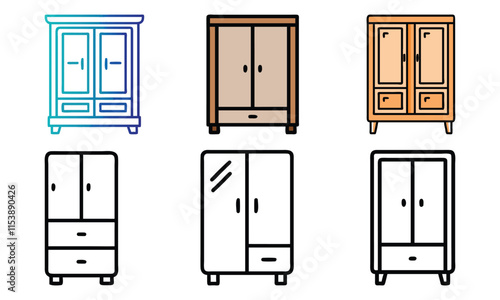 Set of Wardrobe Icons in Various Styles, Collection of six wardrobe illustrations showcasing different styles, including colored and outline designs, with drawers and doors.
