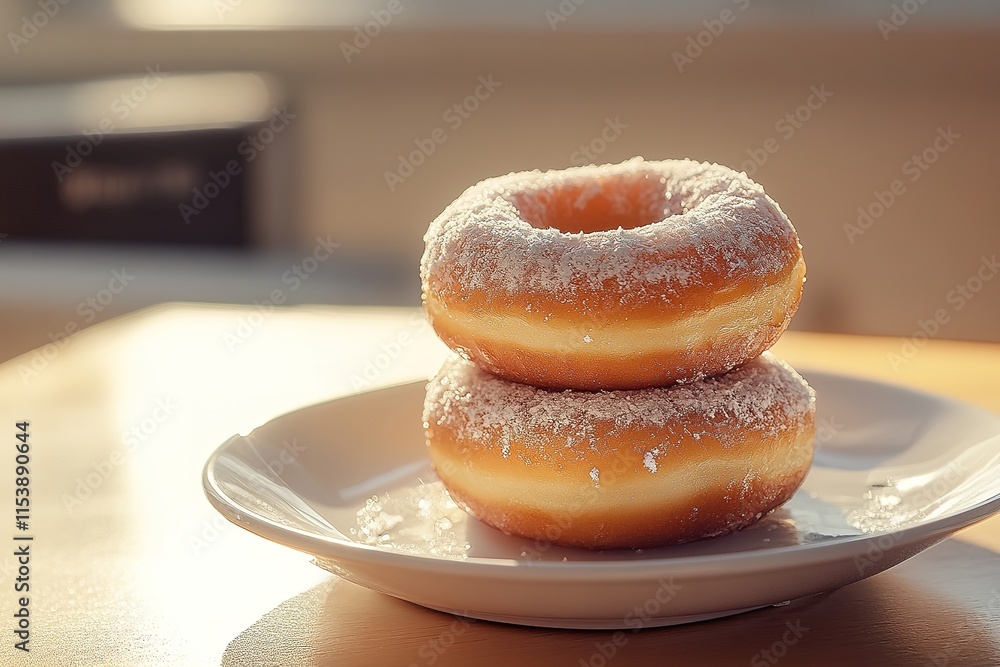 Two fluffy donuts with sugary glaze resting on plate, softly ill Two fluffy donuts with sugary glaze resting on plate, softly ill