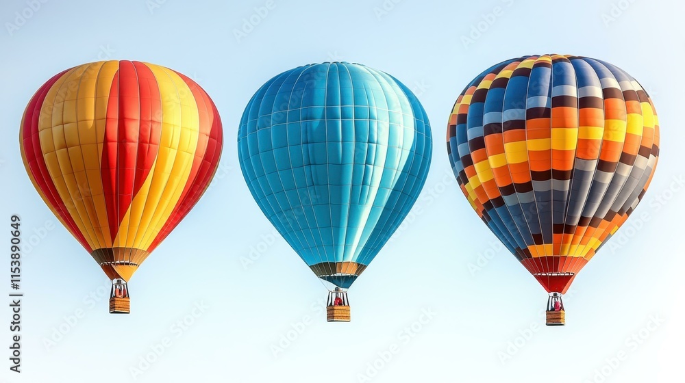 Obraz premium Three colorful hot air balloons with red, blue, and striped patterns flying in clear blue sky for travel adventure, festival, vacation, outdoor fun, and summer excitement background