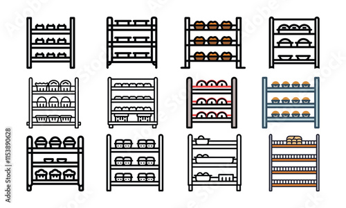 Collection of Food Storage Shelf Icons, Set of 12 vector icons featuring shelves with food items like bread, jars, and dishes in flat and outline styles.

