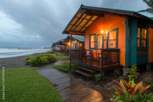 Casas costeras luminosas junto a la playa con vistas al océano y un clima nublado al atardecer photo