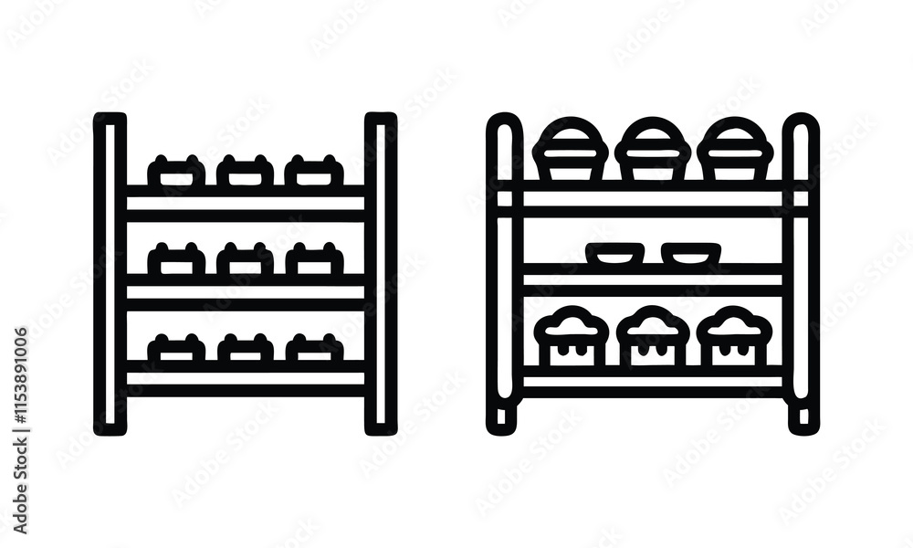 Obraz premium Minimalist Pantry Shelf Line Art Designs, Set of two black-and-white pantry shelf illustrations in line art style, featuring neatly organized jars and baskets, ideal for storage and kitchen themes. 