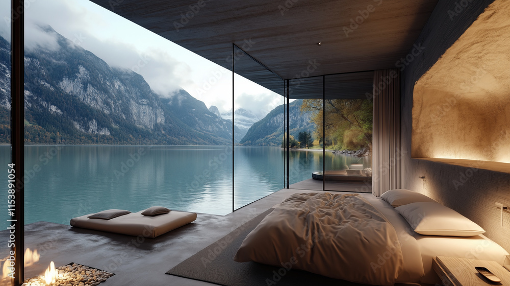 Fototapeta premium A luxurious bedroom with a large window overlooking a lake and mountain