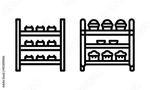 Minimalist Pantry Shelf Line Art Designs, Set of two black-and-white pantry shelf illustrations in line art style, featuring neatly organized jars and baskets, ideal for storage and kitchen themes.
