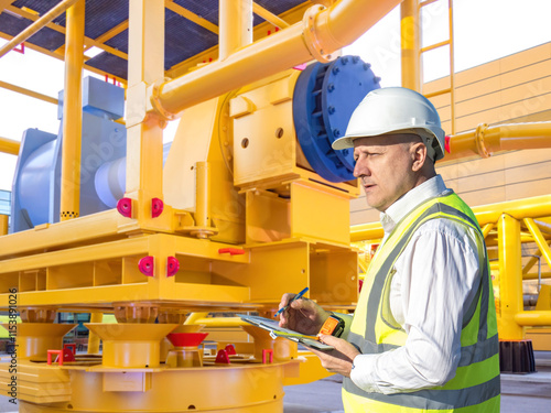 Man inspector at gas distribution station. Builder industrial enterprise. Man with clipboard near gas equipment. Compressor station for supplying methane to production. Oil and gas industry inspector photo