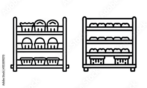 Storage Shelf Line Art Illustrations, Set of two black-and-white shelf illustrations in line art style, showcasing organized baskets and storage items, ideal for home or pantry organization themes.
