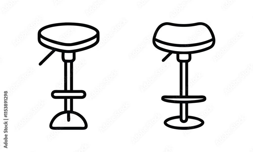 Adjustable Bar Stool Line Art Designs, Set of two black-and-white bar stool illustrations in line art style, featuring adjustable heights and modern curved seats, perfect for furniture and interior co Adjustable Bar Stool Line Art Designs, Set of two black-and-white bar stool illustrations in line art style, featuring adjustable heights and modern curved seats, perfect for furniture and interior co