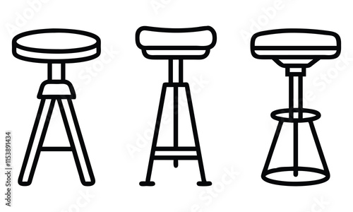 Minimalist Bar Stool Line Art Designs, Set of three black-and-white bar stool illustrations in line art style, showcasing modern and varied designs, perfect for furniture and interior concepts.

