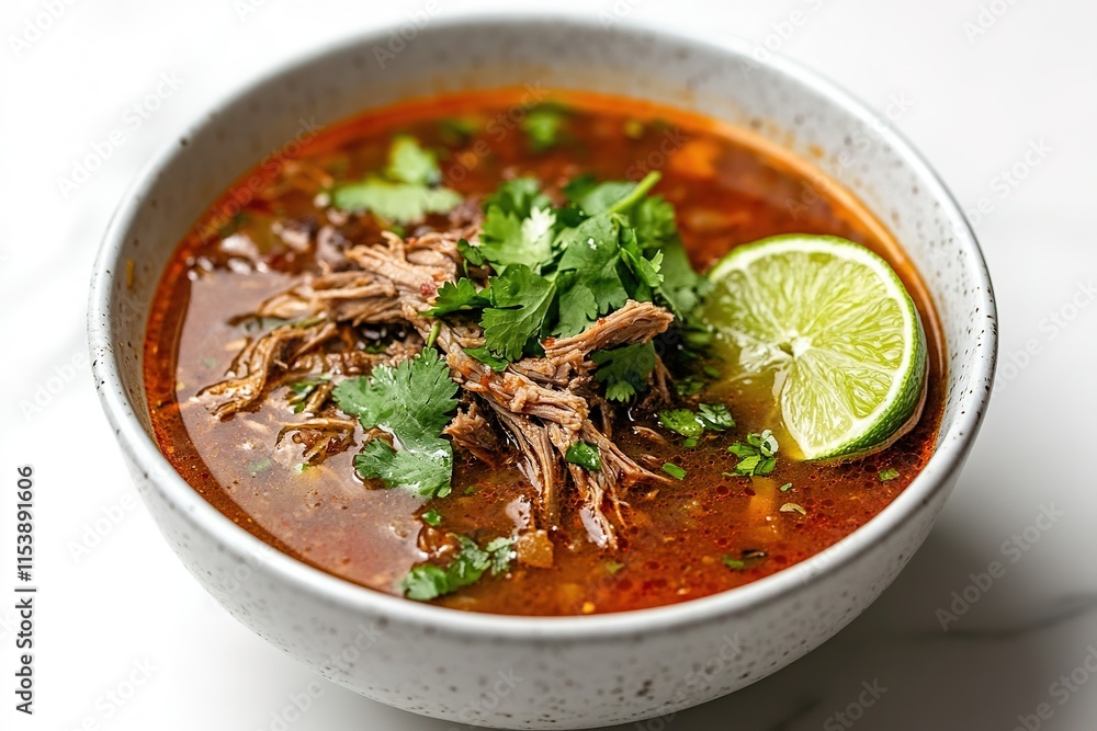 Richly colored soup garnished with fresh herbs and lime, showcas Richly colored soup garnished with fresh herbs and lime, showcas