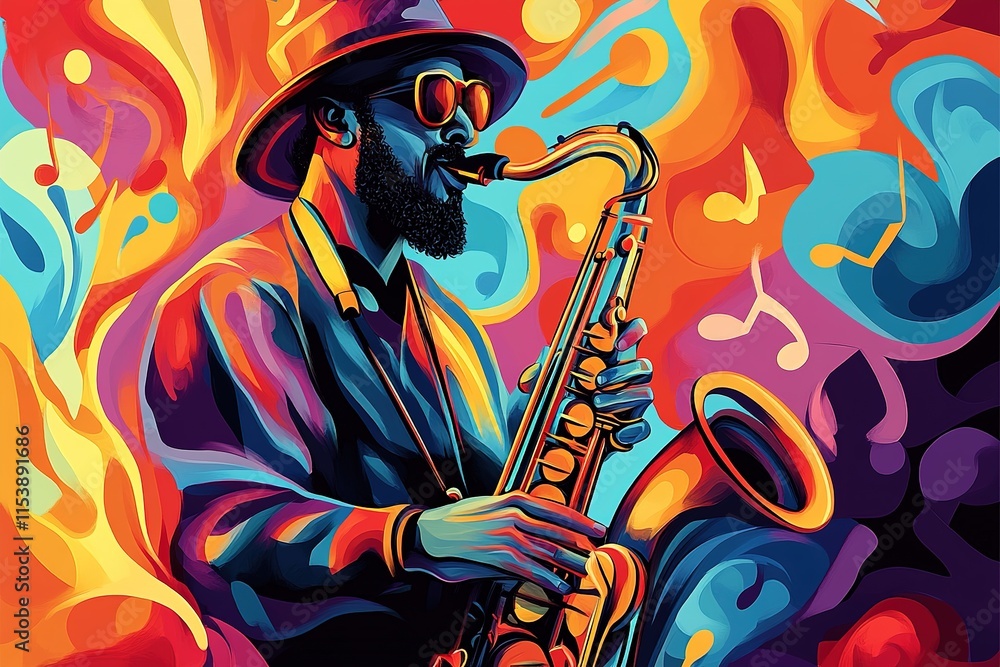Fototapeta premium Vibrant saxophonist playing passionately amidst swirling colors